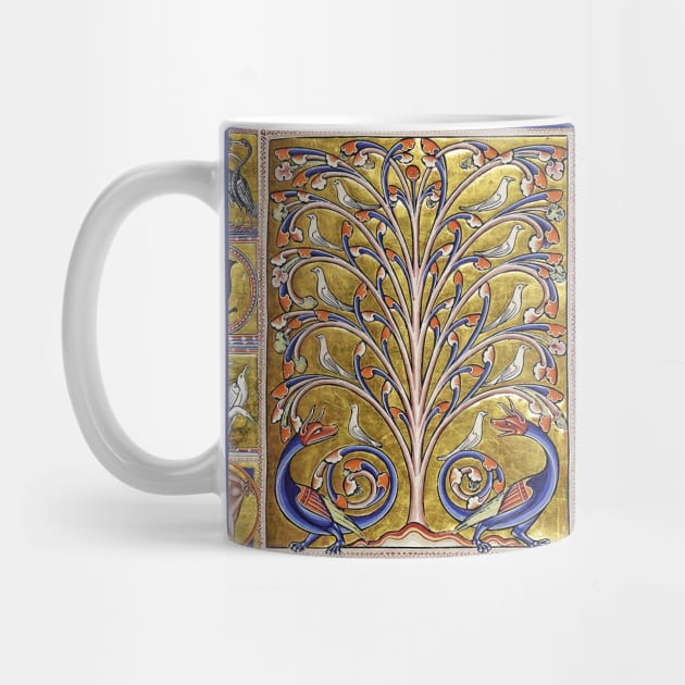 MEDIEVAL BESTIARY,TREE OF LIFE ,BIRDS,DRAGONS FANTASTIC ANIMALS IN GOLD RED BLUE COLORS by BulganLumini